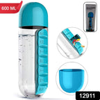 Close-up view of the open daily pill organizer compartments on the water bottle.