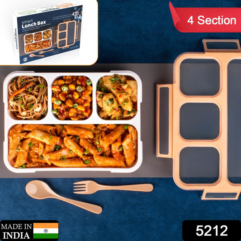 Four-section leak-proof lunch box with secure lid and built-in spoon