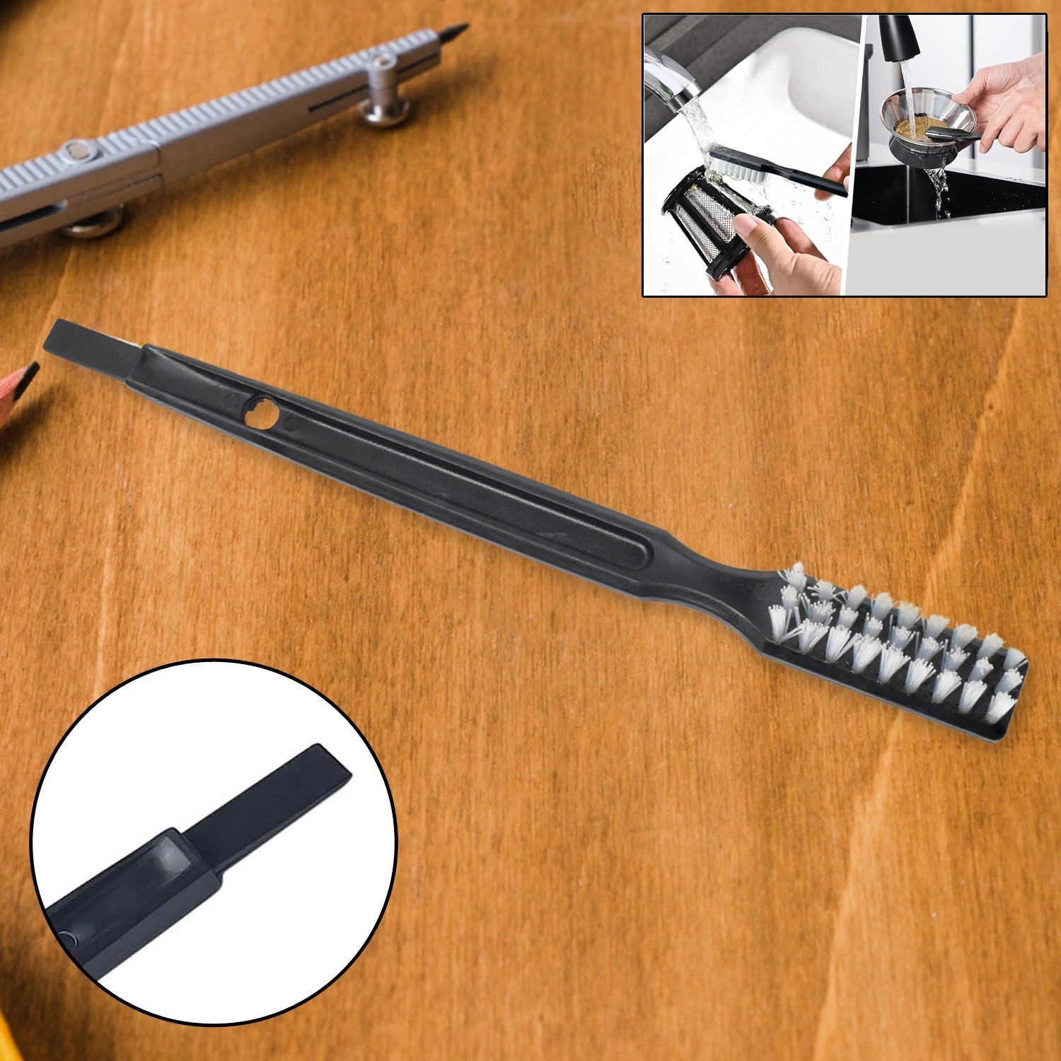 Multifunctional cleaning brush with sturdy bristles, ideal for kitchen tasks.