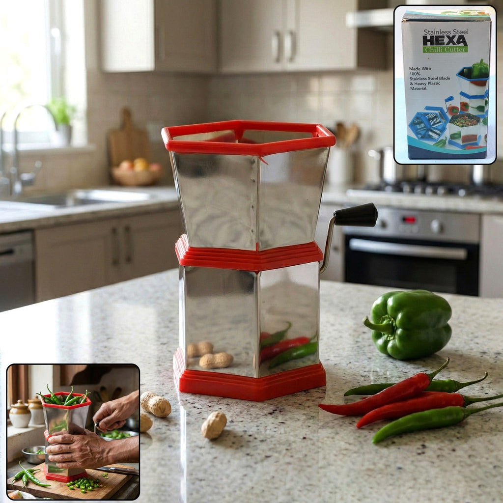 Manual chilli cutter with hand-crank stainless steel blades on kitchen counter