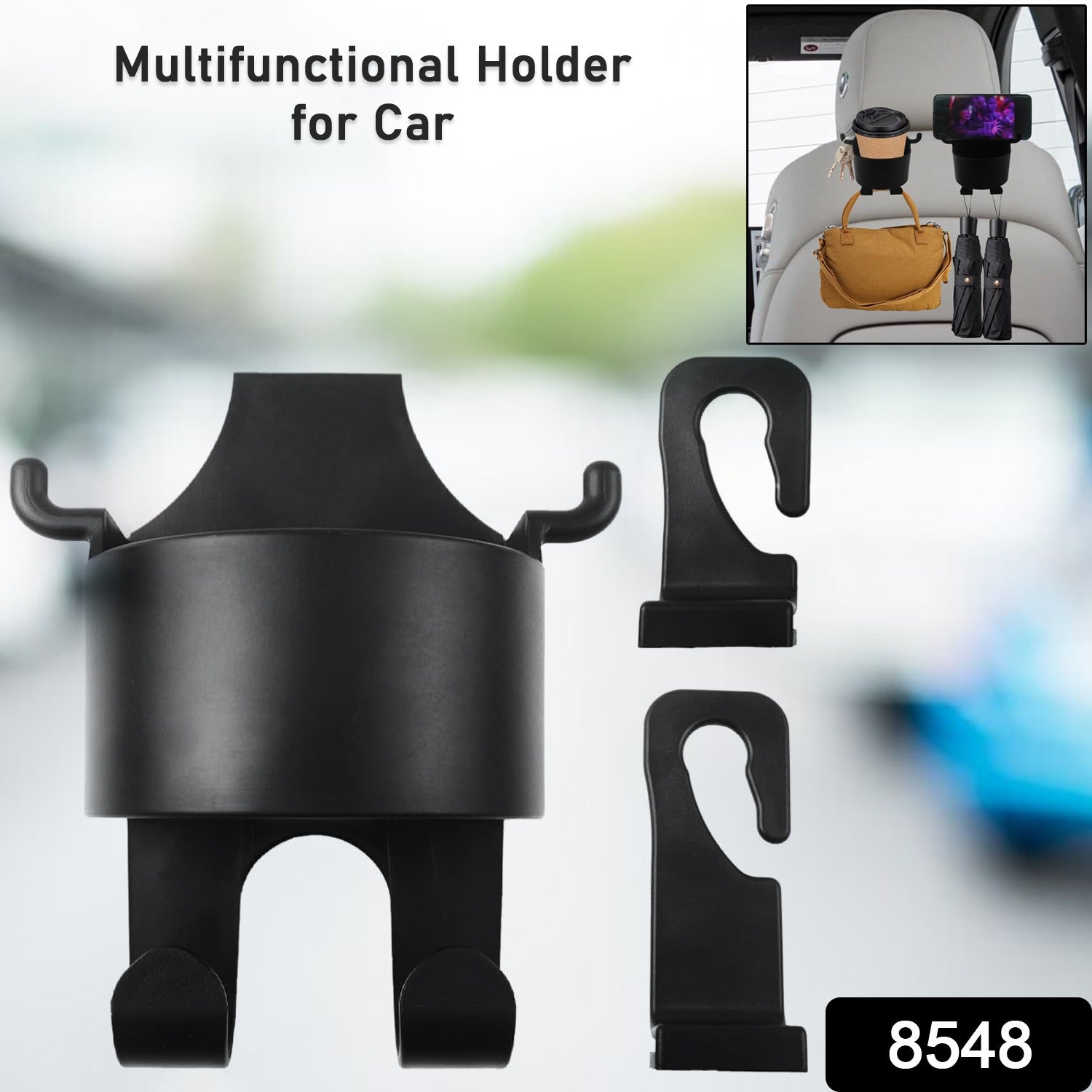 Adjustable car headrest organizer hooks demonstrating easy installation and fit