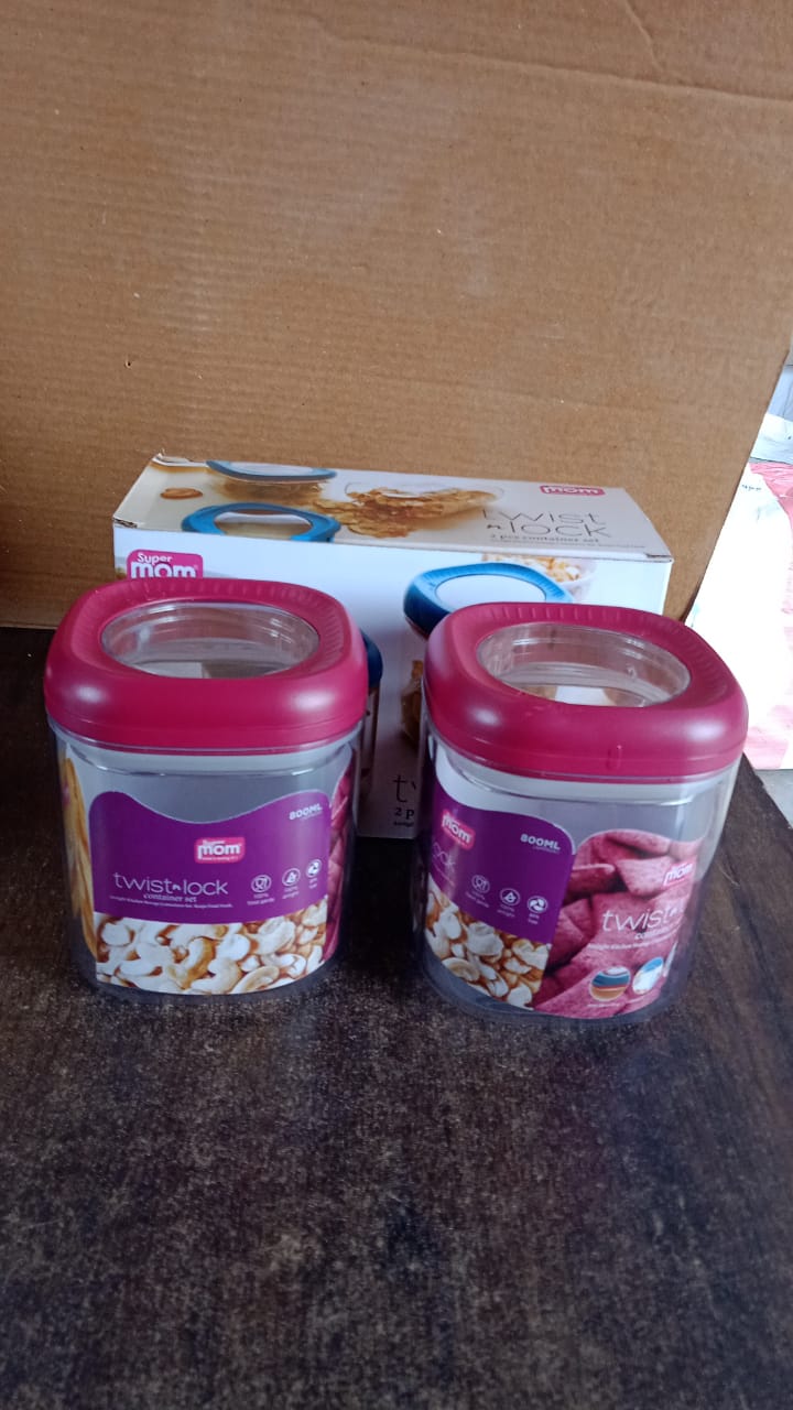 Pantry shelf organized with transparent twist lock food storage containers