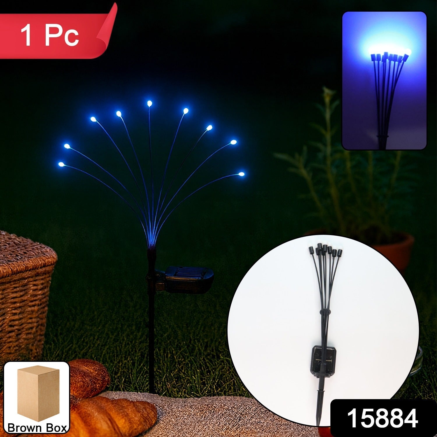 Close-up of LED solar garden light with glowing fiber optic strands