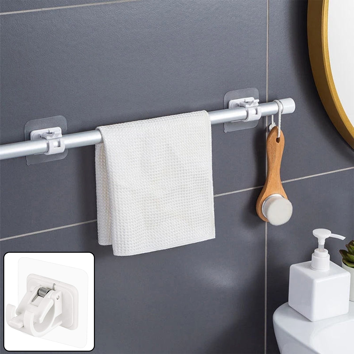 No-drill adhesive towel rod holder mounted in bathroom