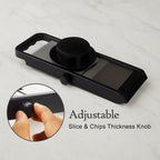 Compact kitchen slicer with stainless steel blade and adjustable knob