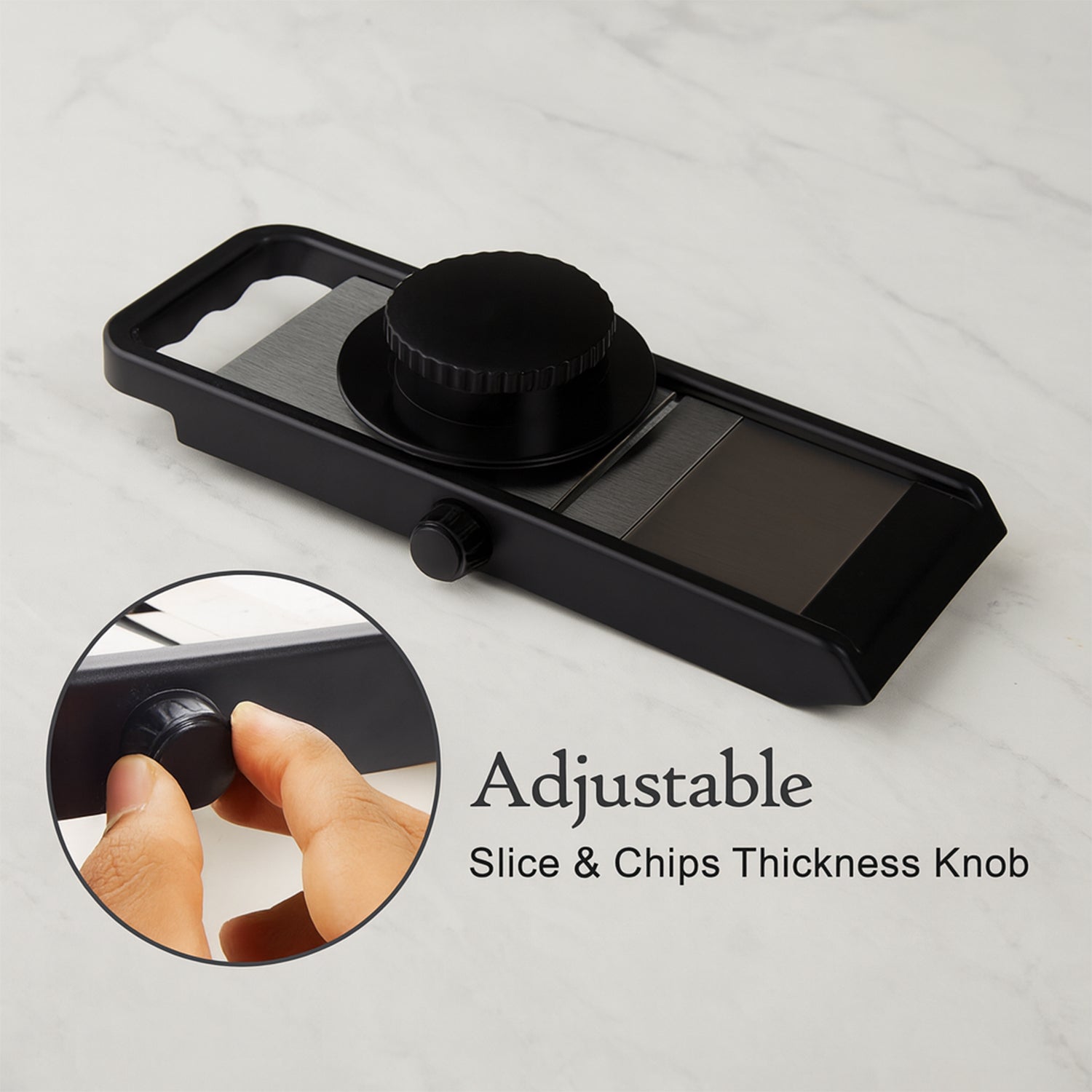 Compact kitchen slicer with stainless steel blade and adjustable knob