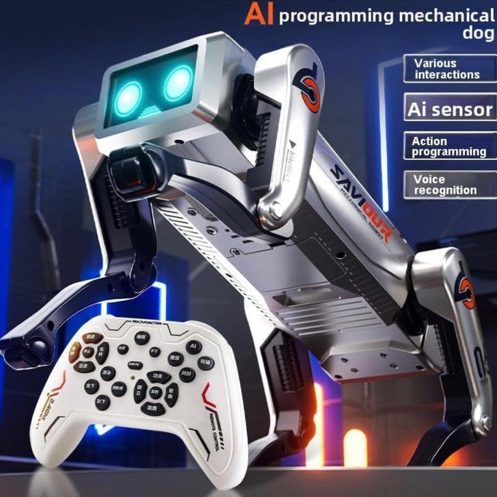Children playing happily with AI robot dog toy