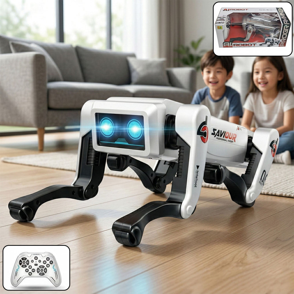 Interactive AI robot dog toy with LED eyes and remote control for kids