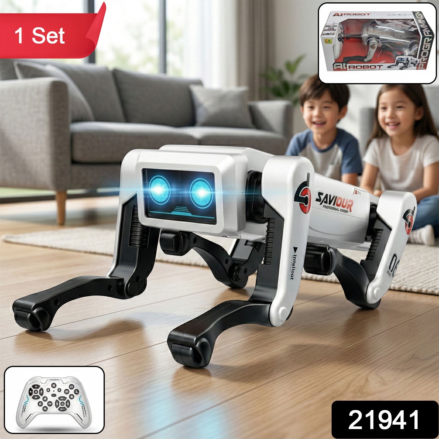 Kids playing with AI robot dog toy with bright lights and tricks