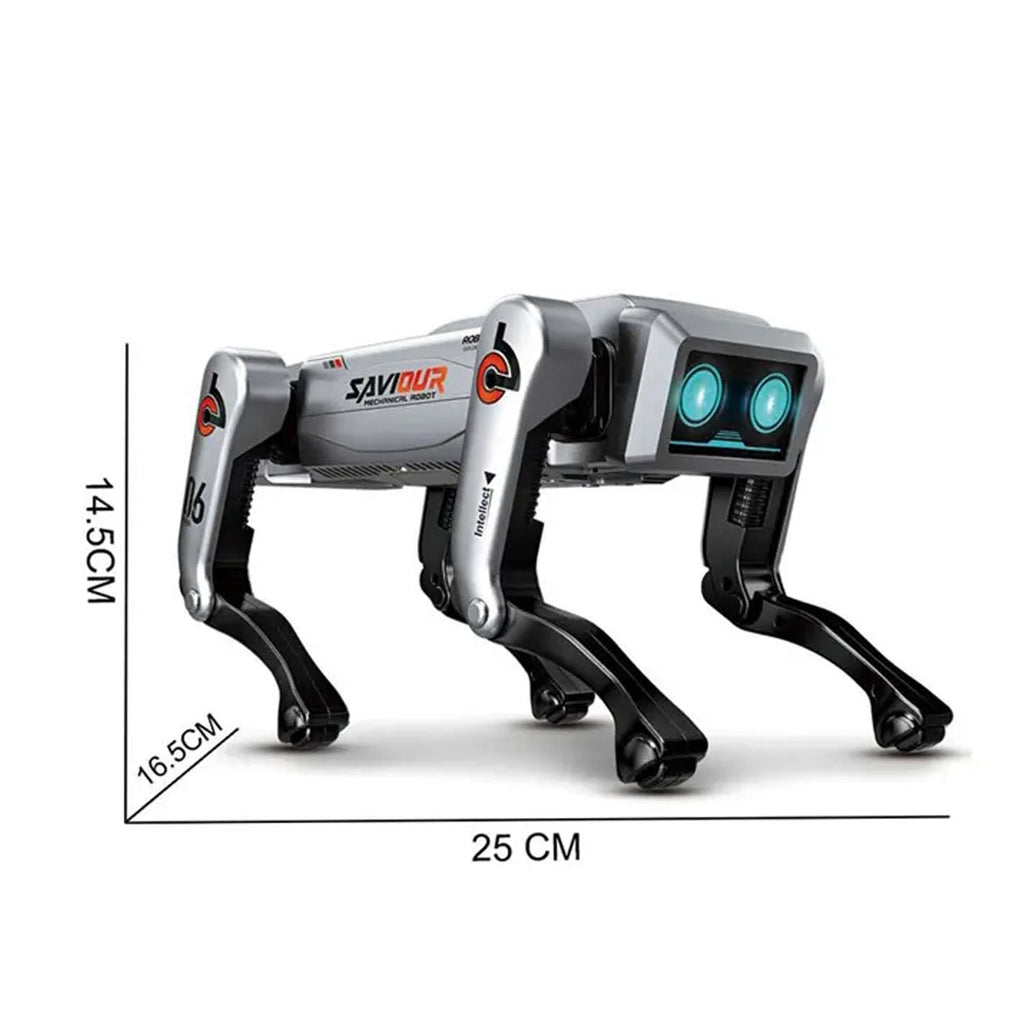 Size comparison of AI robot dog toy with family
