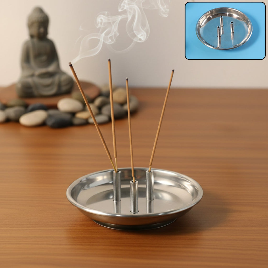 Stainless steel lotus triple incense stick holder with ash collection plate