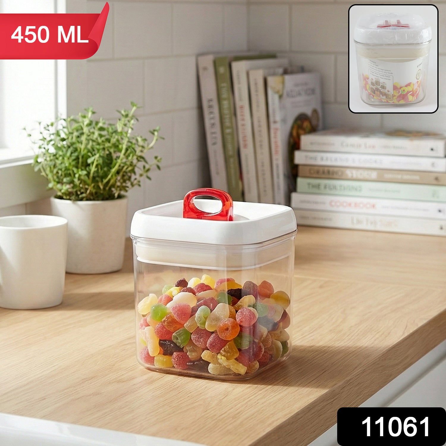 Transparent leak-proof kitchen jar storing grains and snacks