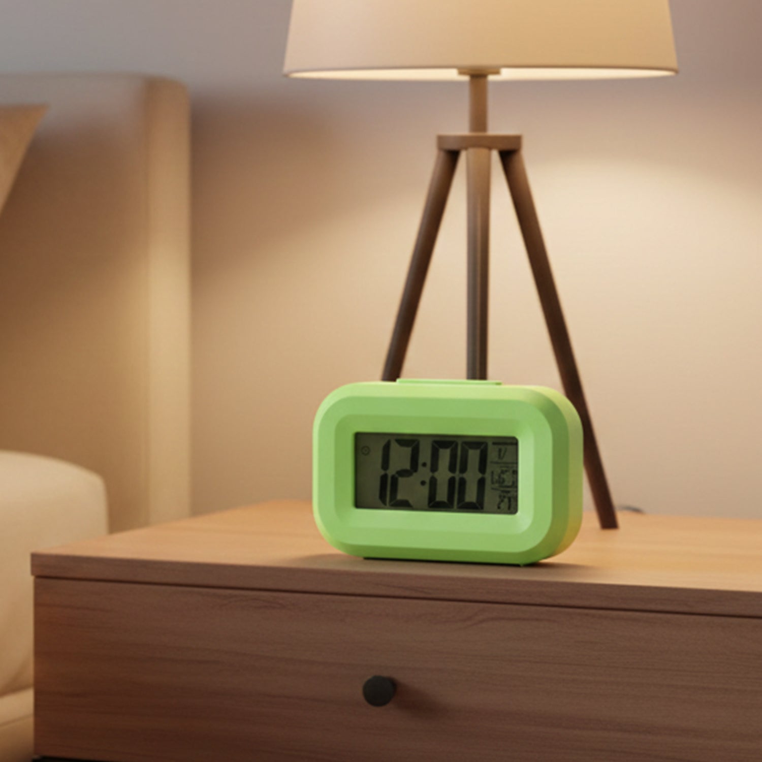 Close-up product image of digital alarm clock with date and temperature