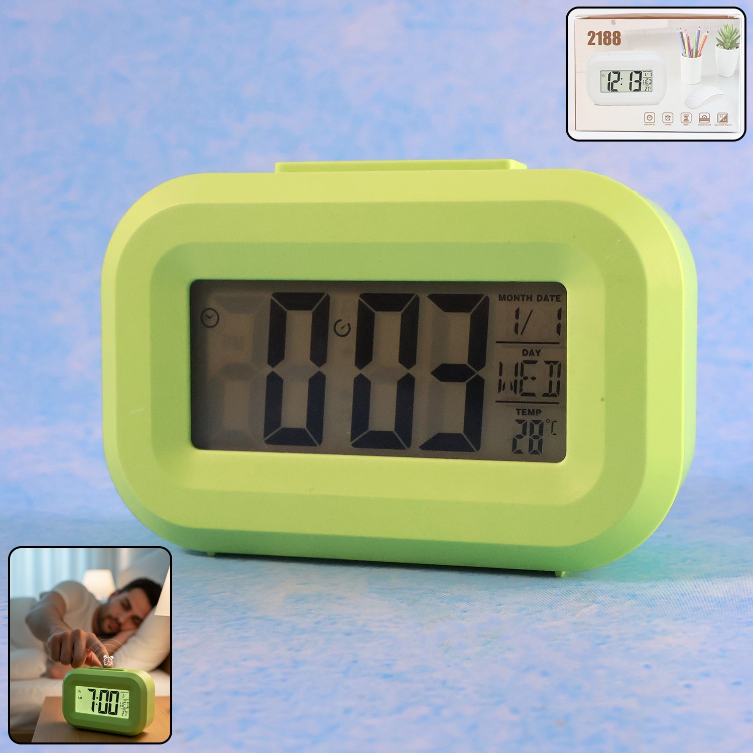 Digital alarm clock showing time, date, day, and temperature clearly on display