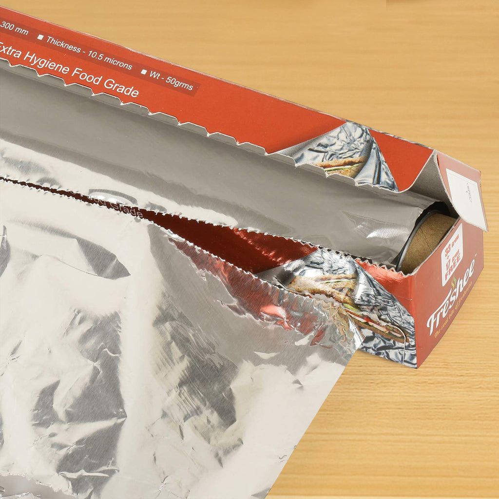 Close-up of aluminium foil roll used for food wrapping and grilling