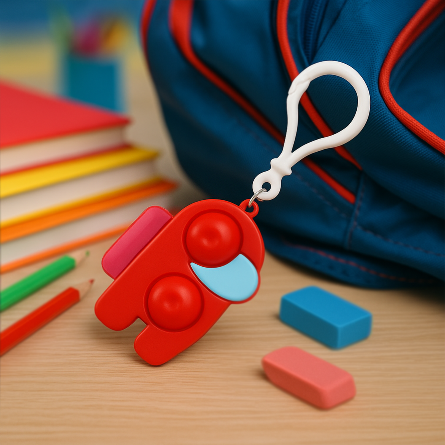 A Pop-It Fidget Keychain hanging from a backpack, illustrating its convenient clip-on design for travel.