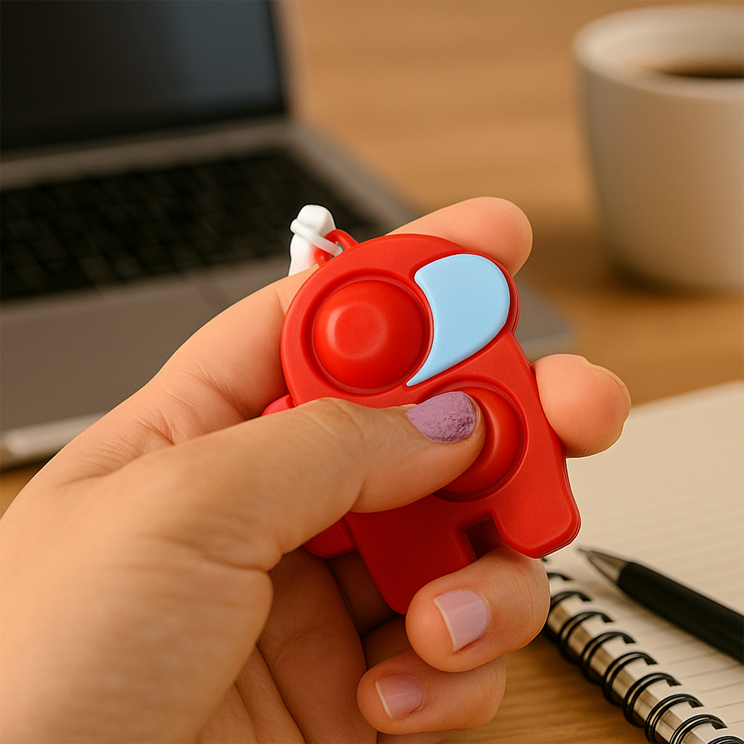Hand holding a vibrant Pop-It Fidget Keychain, demonstrating its portable size and easy popping action.