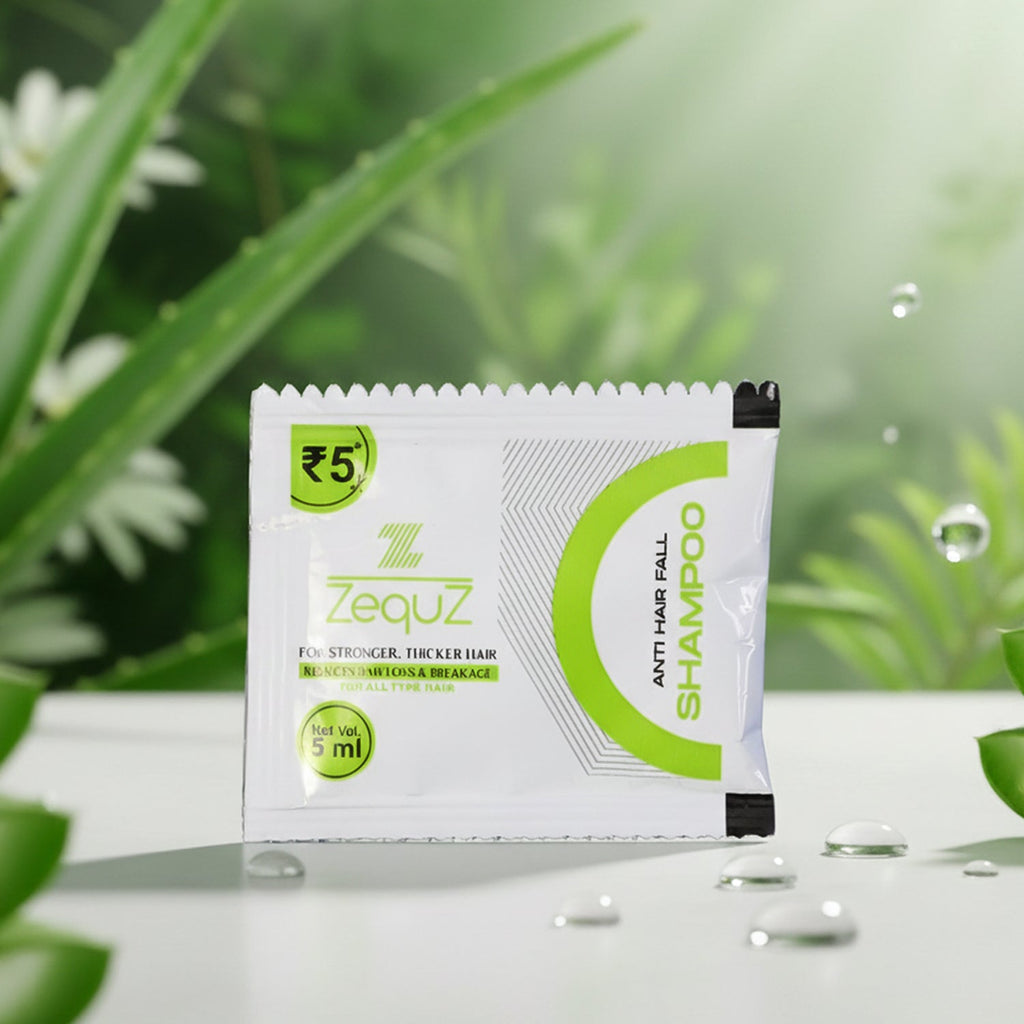 Zequz Anti-Hair Fall Shampoo sachet for reducing hair fall and strengthening roots