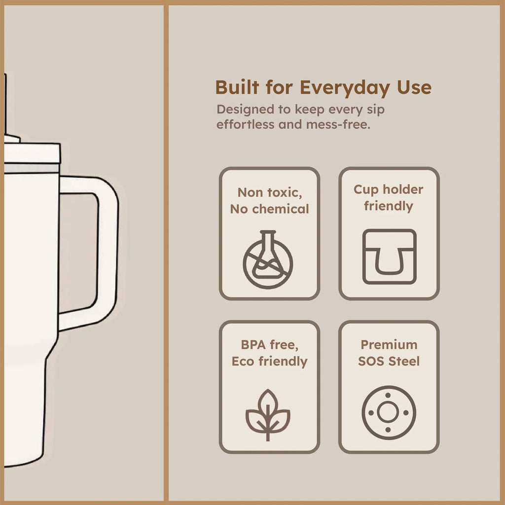 Angled view of insulated travel mug with spill-proof lid and handle