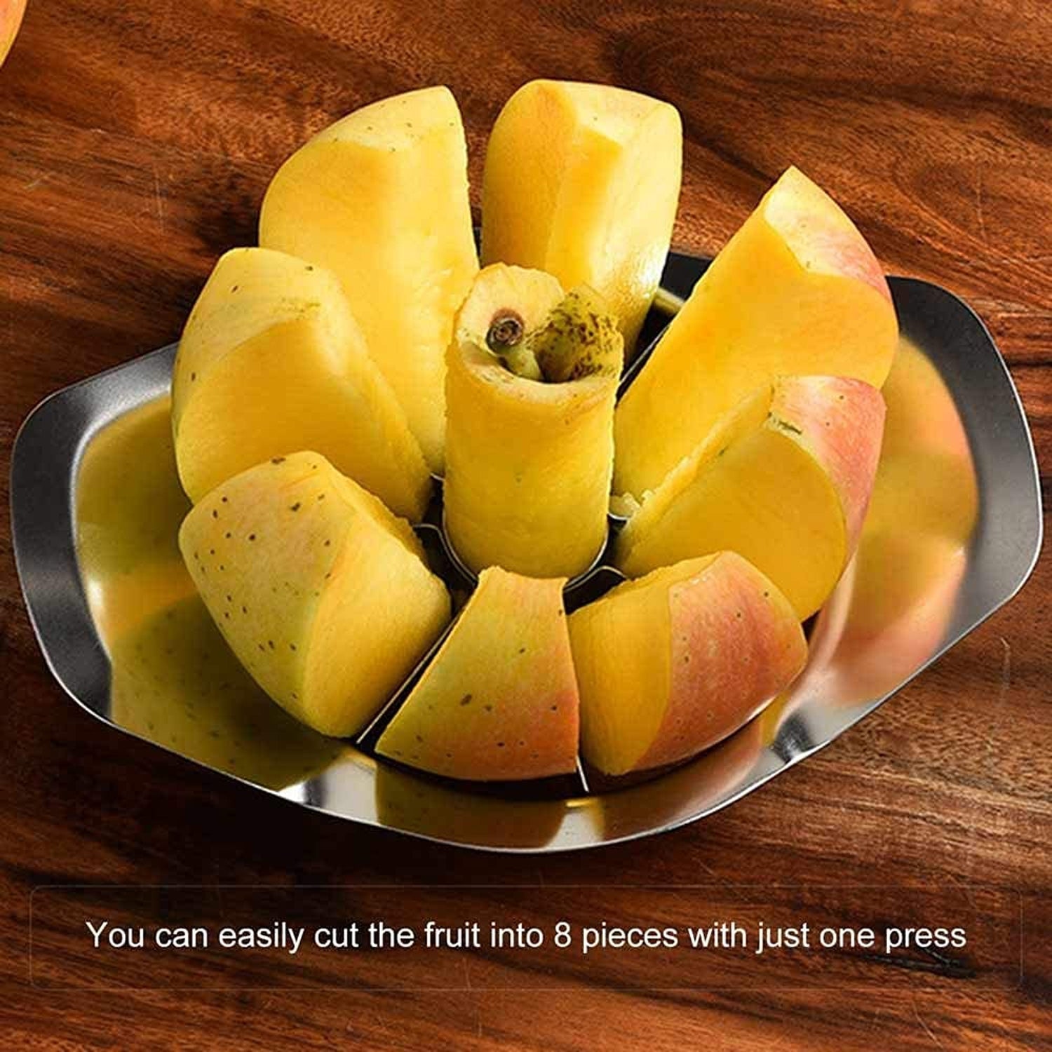 Round apple cutter with side handles for uniform fruit slices