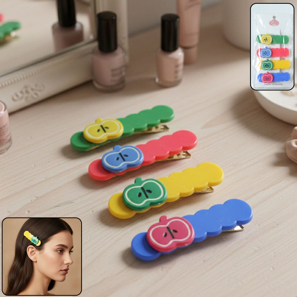 Colorful apple design hair clip securing girl's hair neatly