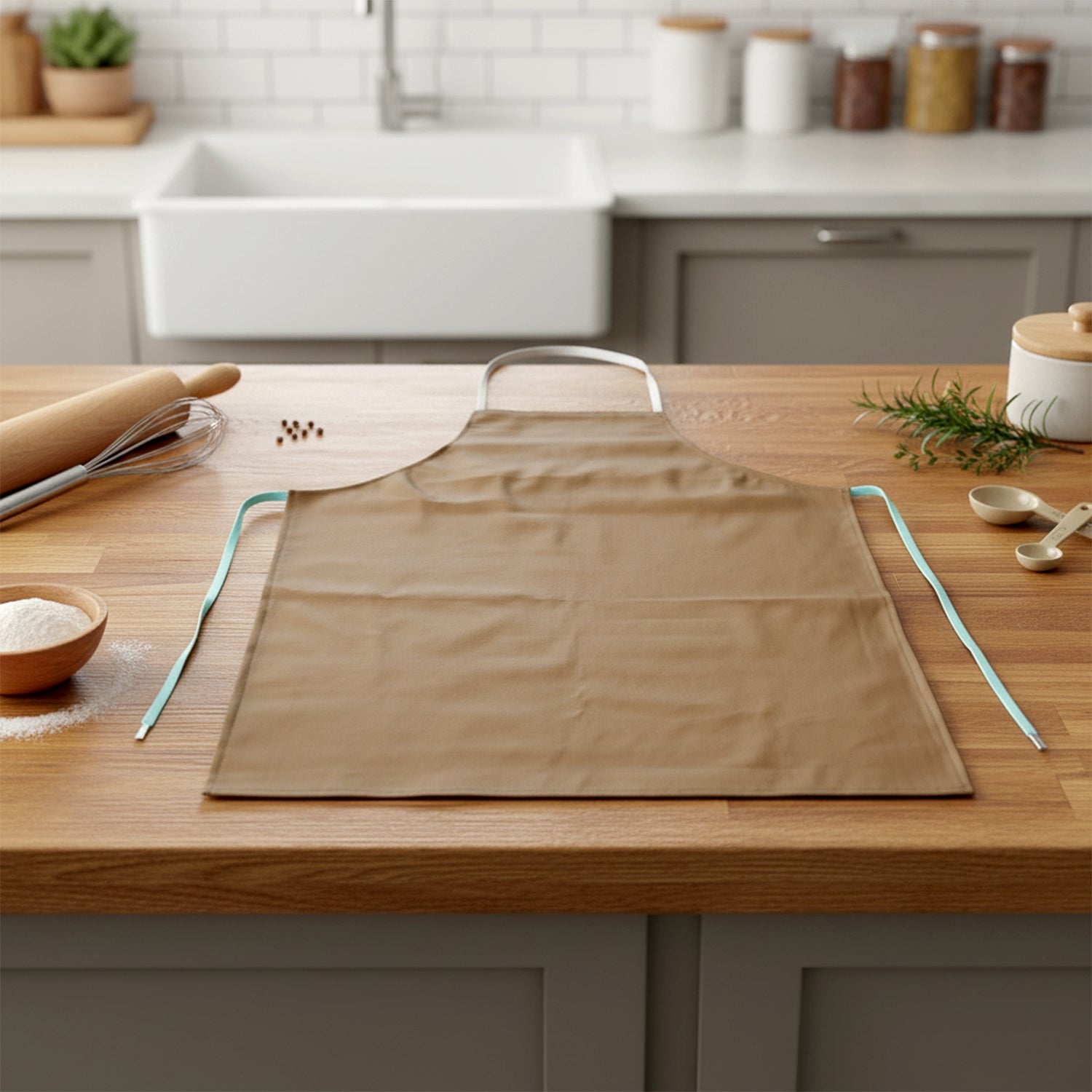 Unisex cooking apron displayed flat on surface