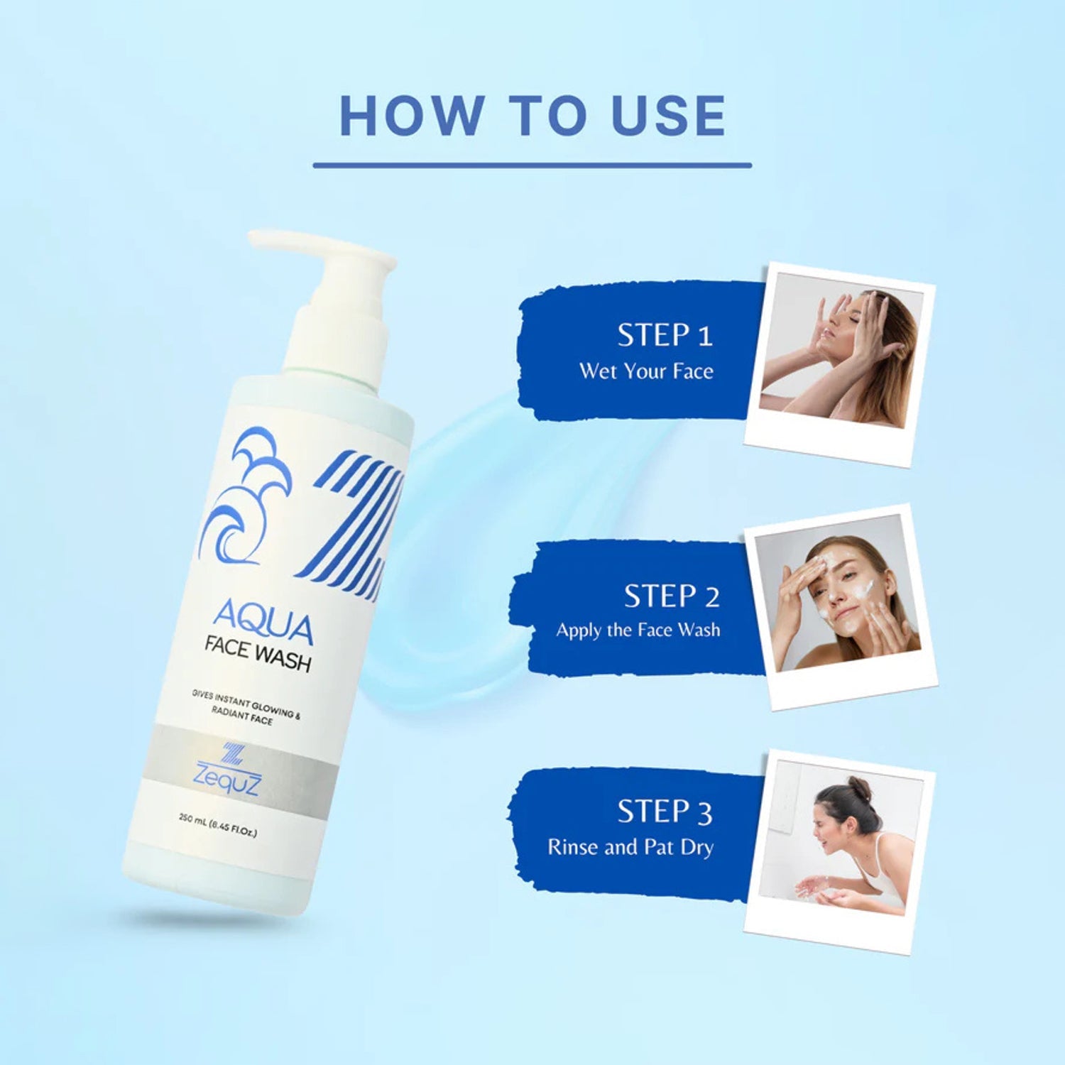 Zequz logo on Hydrating Aqua Face Wash packaging