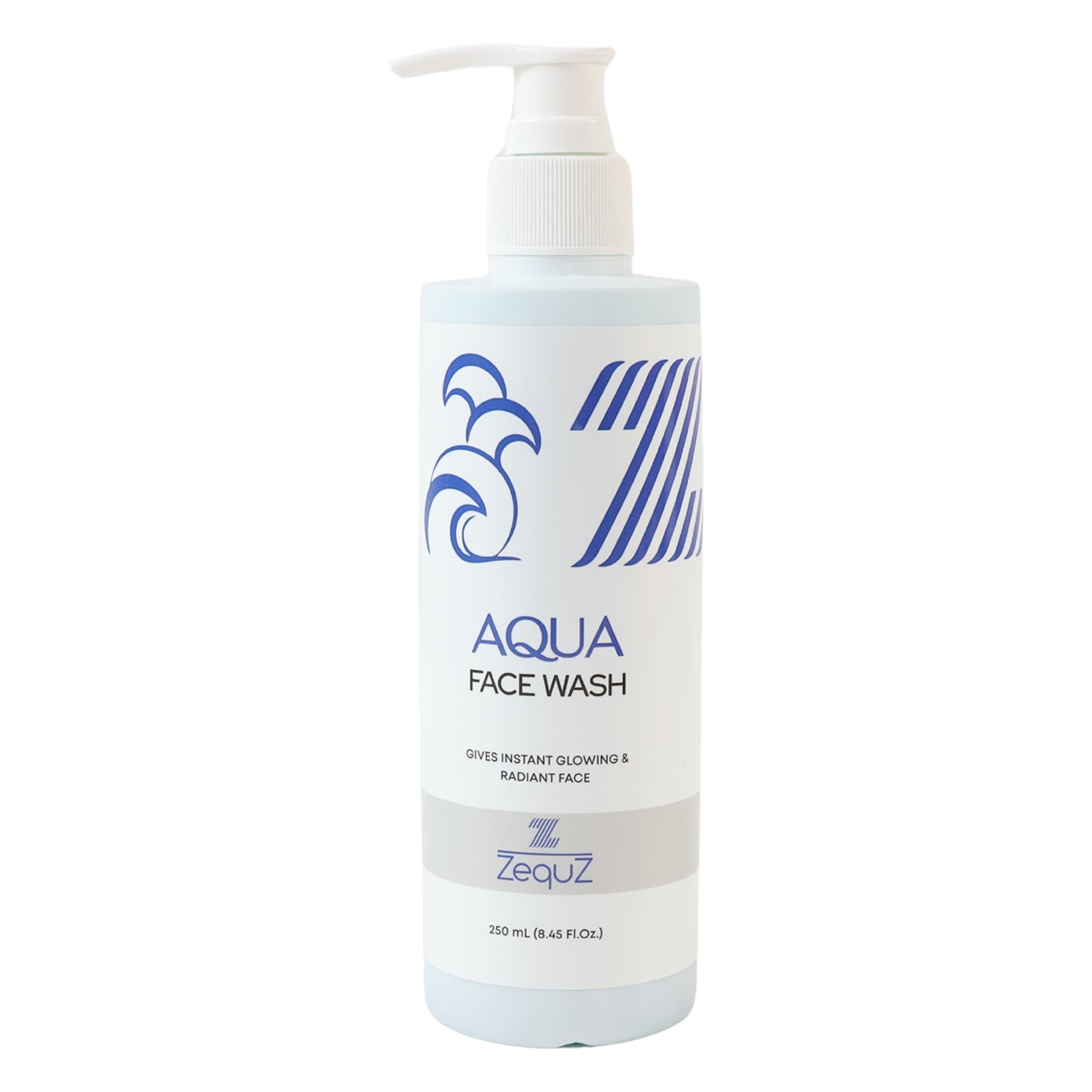 Close-up shot of Zequz Hydrating Aqua Face Wash bottle