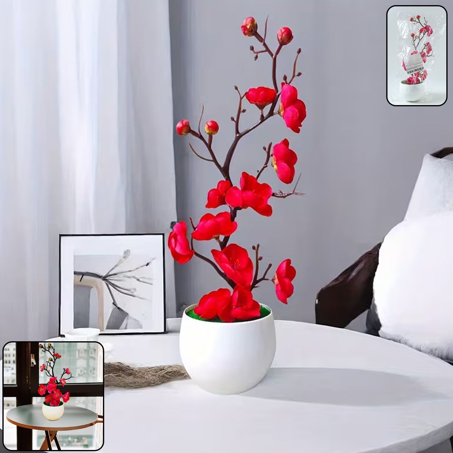 Artificial flower pot plant with decorative blossoms on tabletop