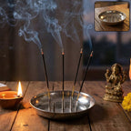 Stainless steel lotus agarbatti stand with five incense stick slots and ash collection plate