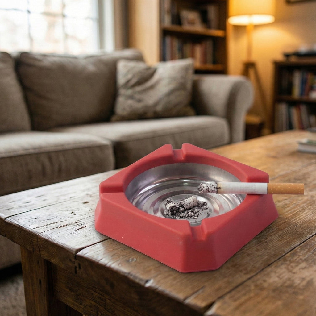 Angled view of ashtray highlighting removable stainless steel inner bowl
