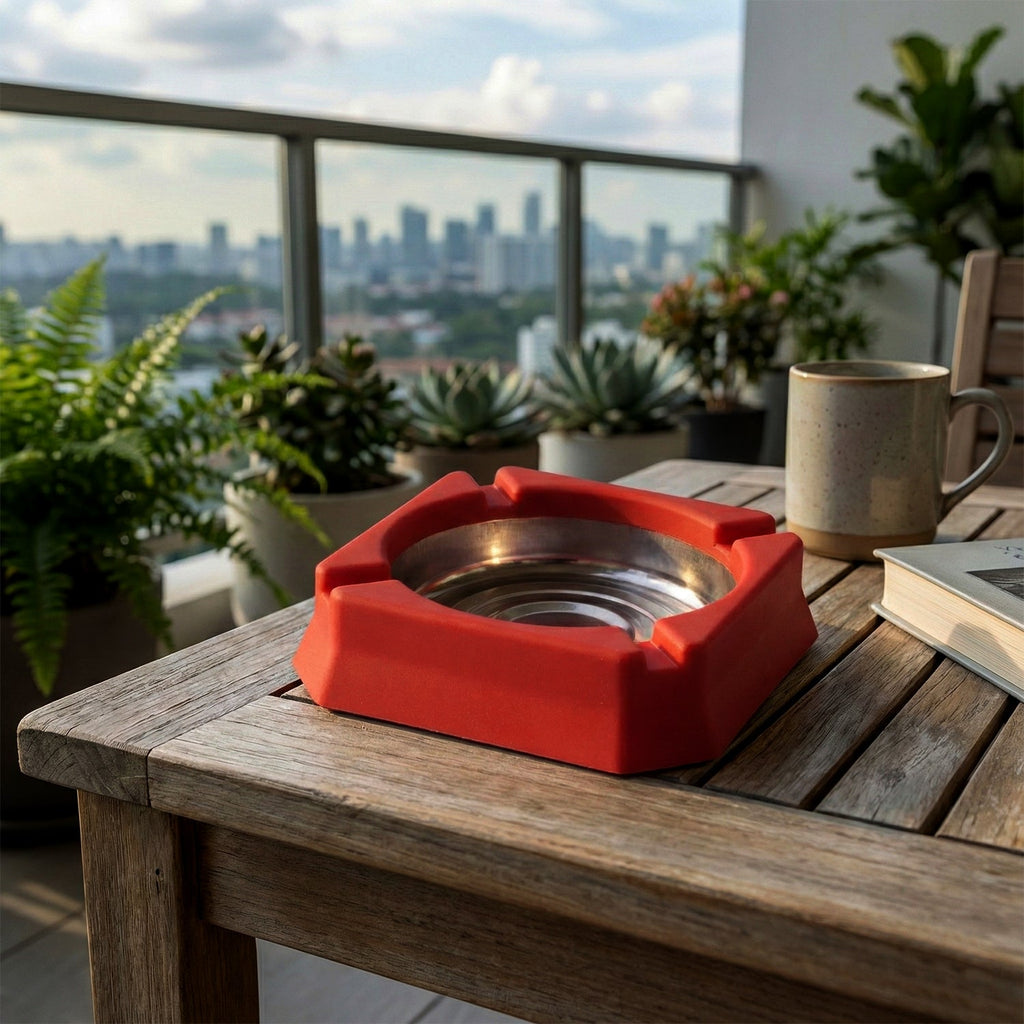 Durable ashtray showing cigarette rest grooves to reduce spills