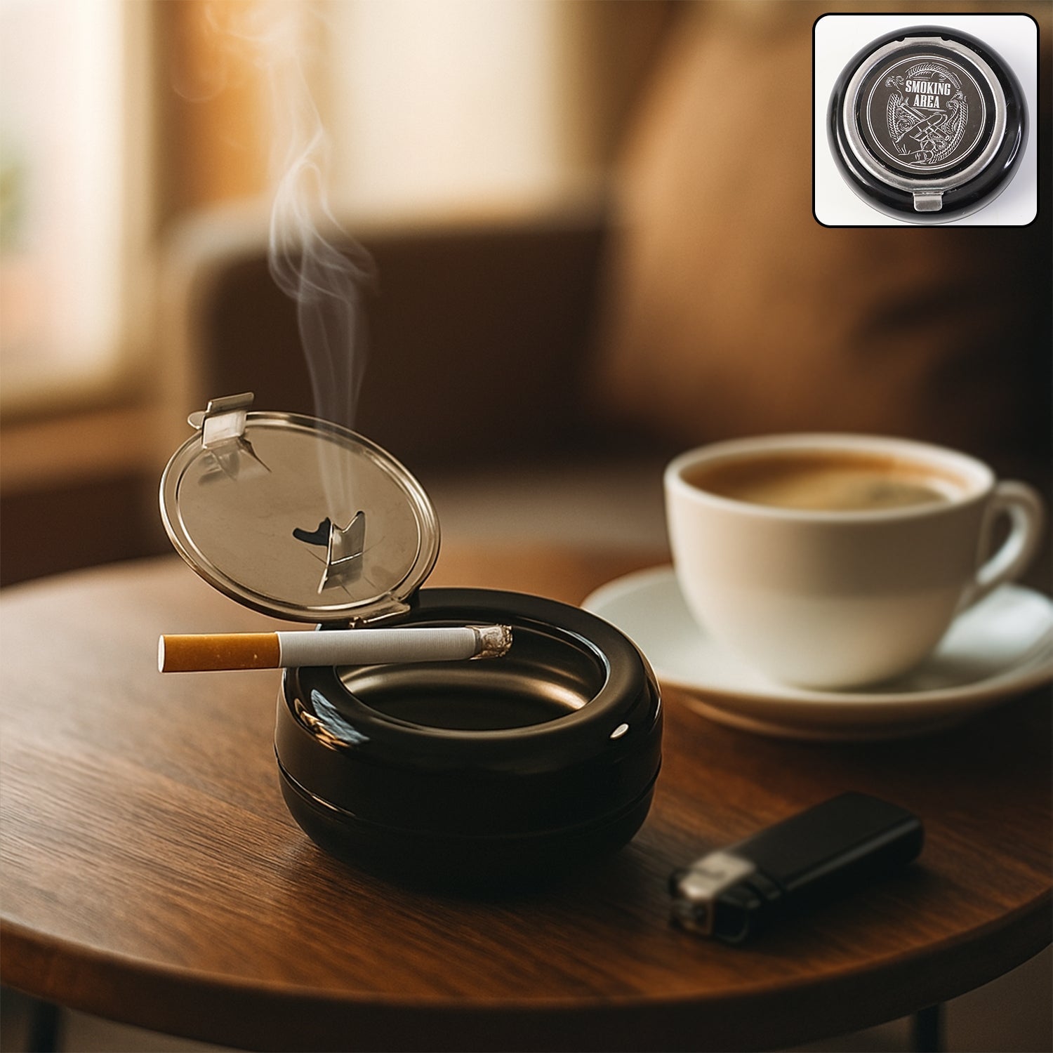 Round smokeless ashtray with lid in modern design