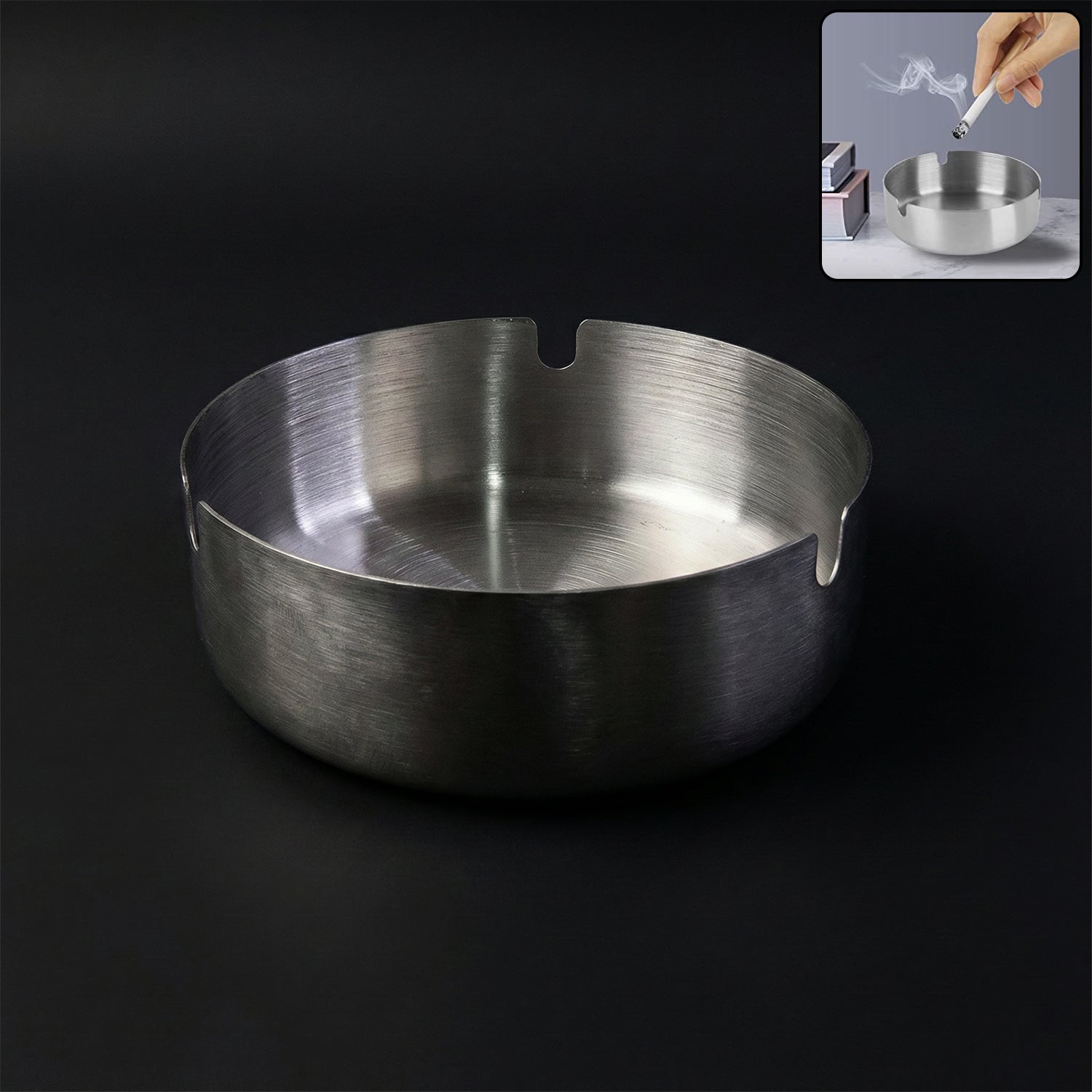 Round tabletop cigarette ashtray showing multiple rest slots and deep bowl