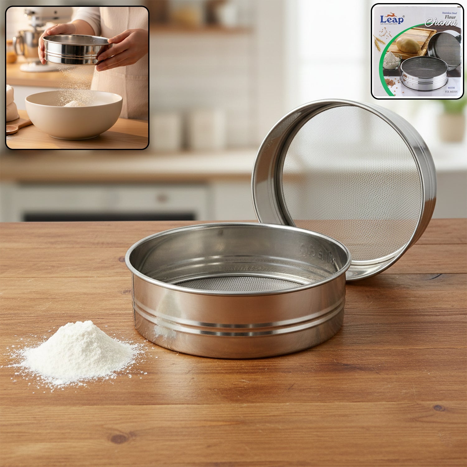 Fine mesh stainless steel atta chalni sieve set for smooth flour sifting