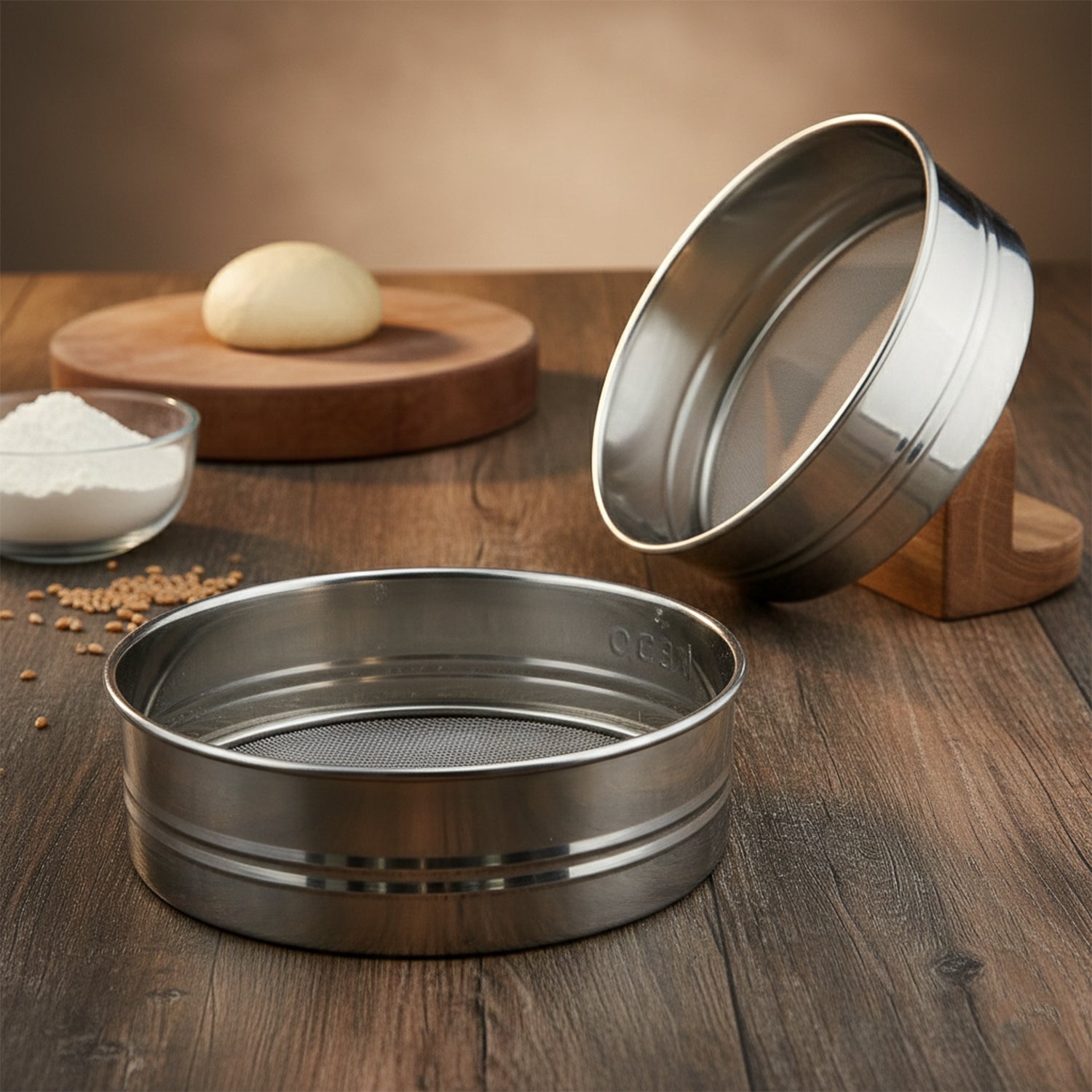 Stainless steel chalni used for straining and sifting dry ingredients