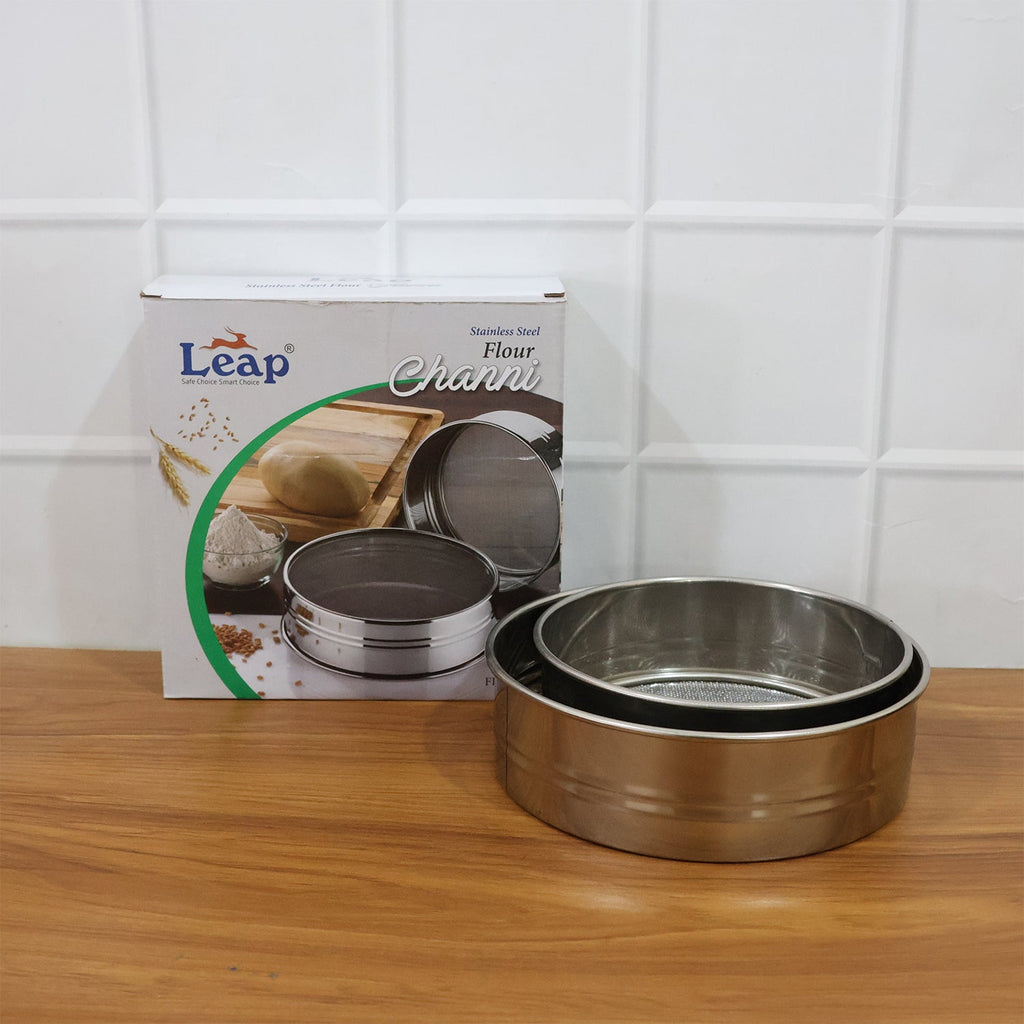 Two-piece fine mesh stainless steel atta sifter for daily kitchen use