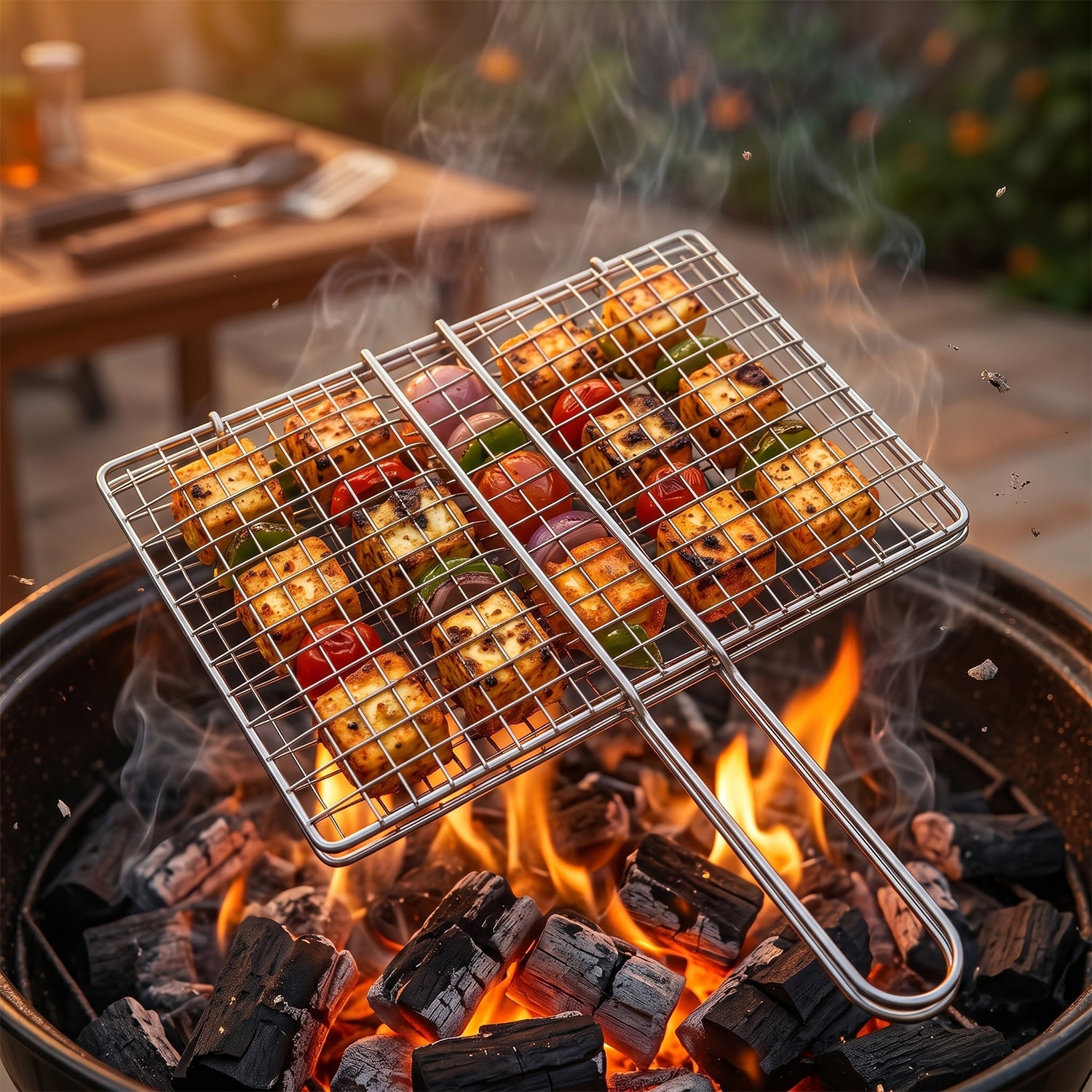 Barbecue grill wire mesh in stainless steel with long handle