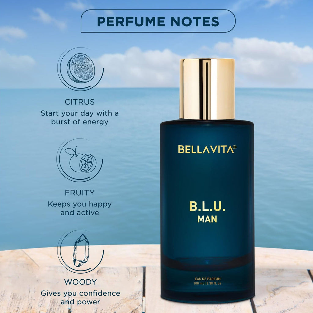 Premium men's perfume in elegant deep blue bottle by Bellavita