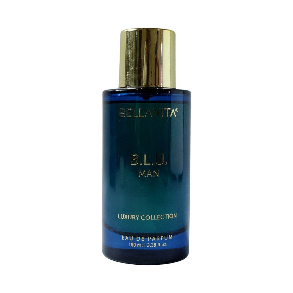 Luxury men's fragrance bottle with deep blue and gold accents