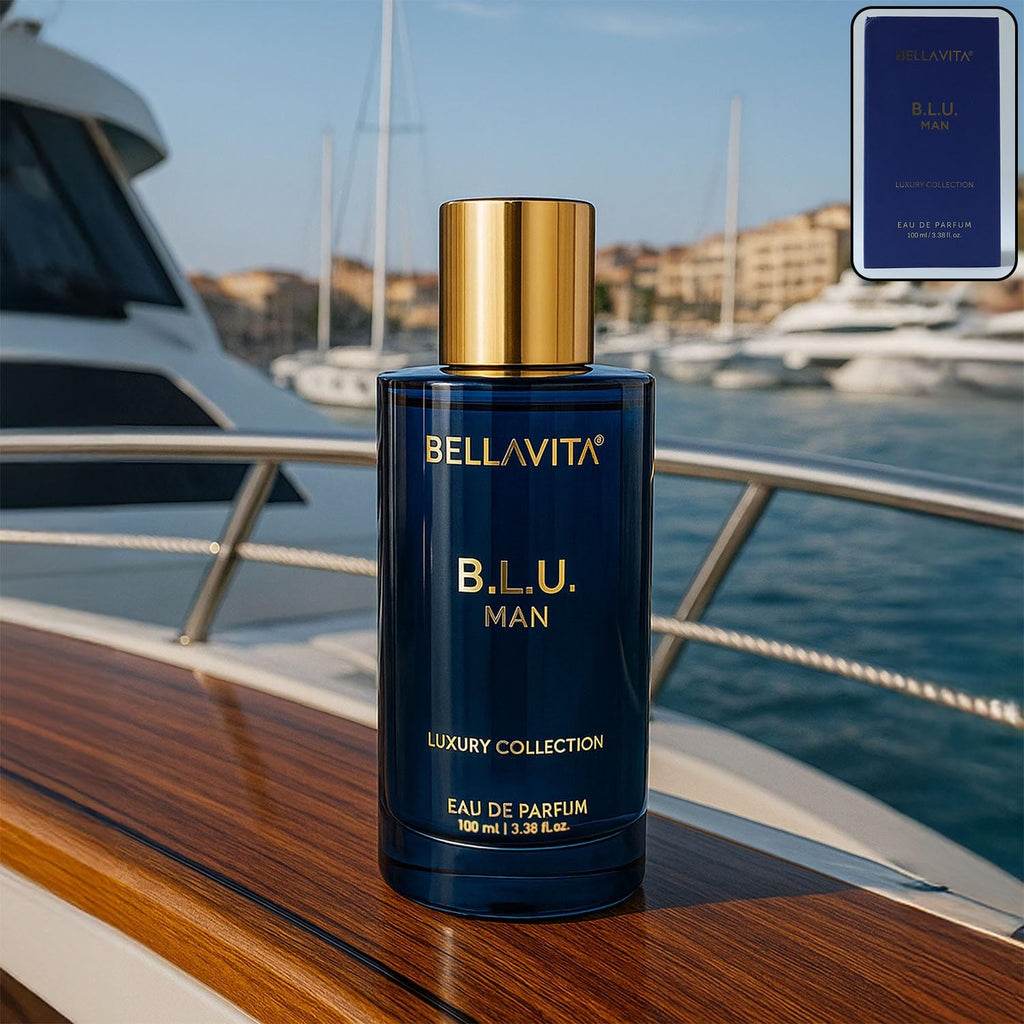 Bellavita B.L.U. Man Eau De Parfum 100 ML spray bottle with blue and gold design