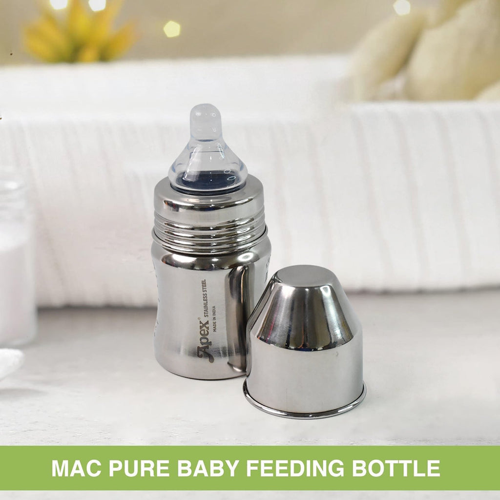 Compact 125 ML stainless steel baby feeding bottle with soft silicone nipple