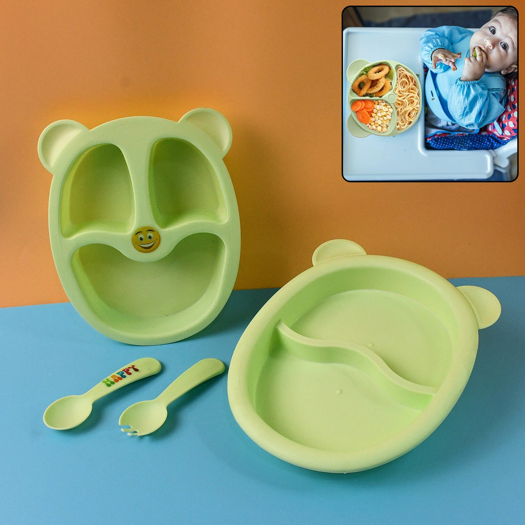Kids Mealtime Feeding Set with 2 sectioned plates and 2 spoons in bear-ear design