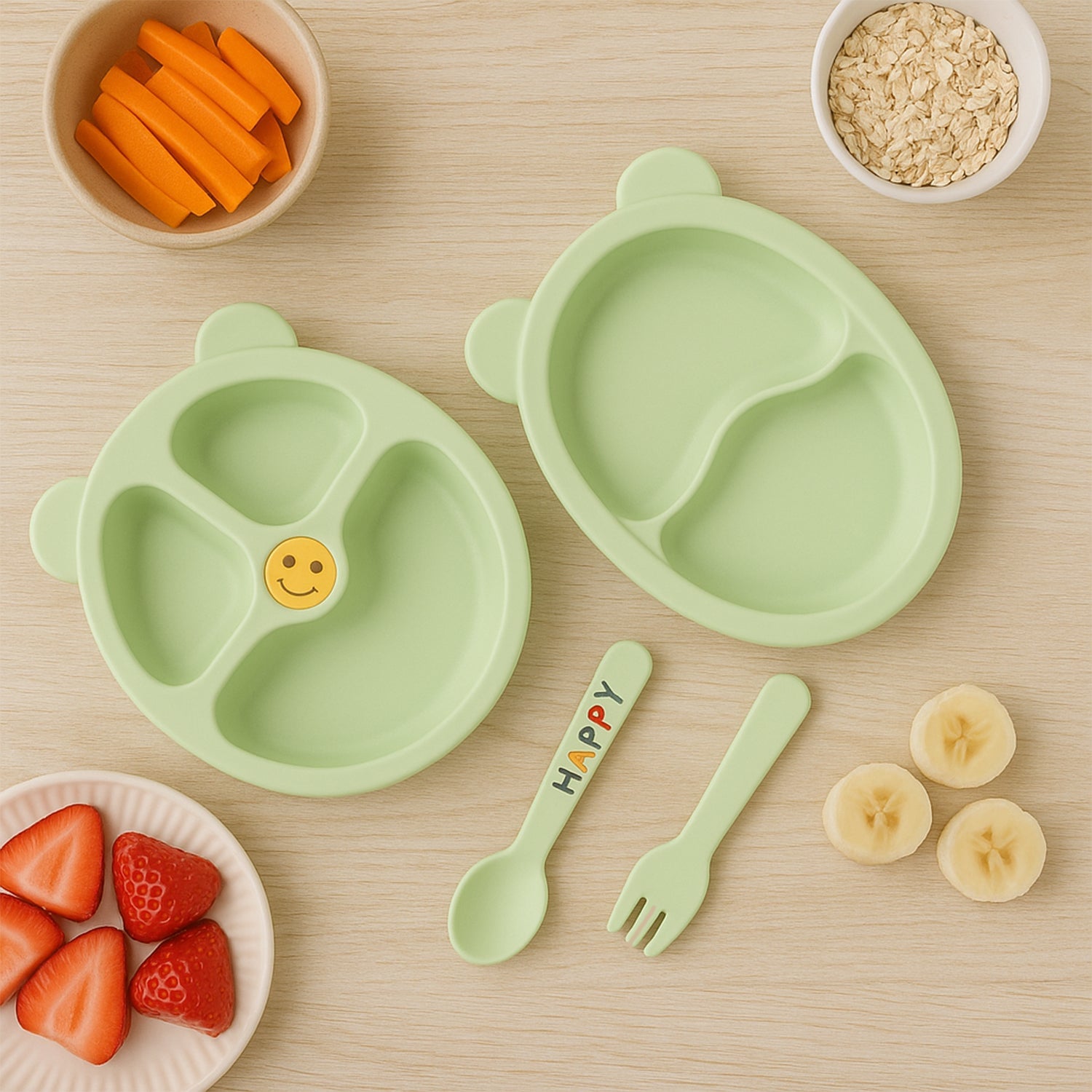 Toddler feeding set with durable multi-compartment plates and easy-grip spoons