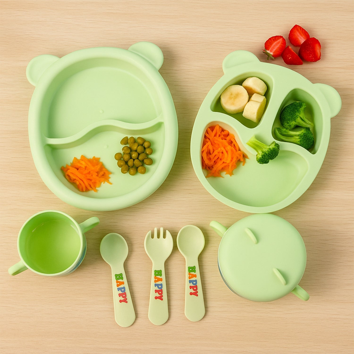 Unbreakable kids feeding dinner set designed for toddlers learning to self-feed