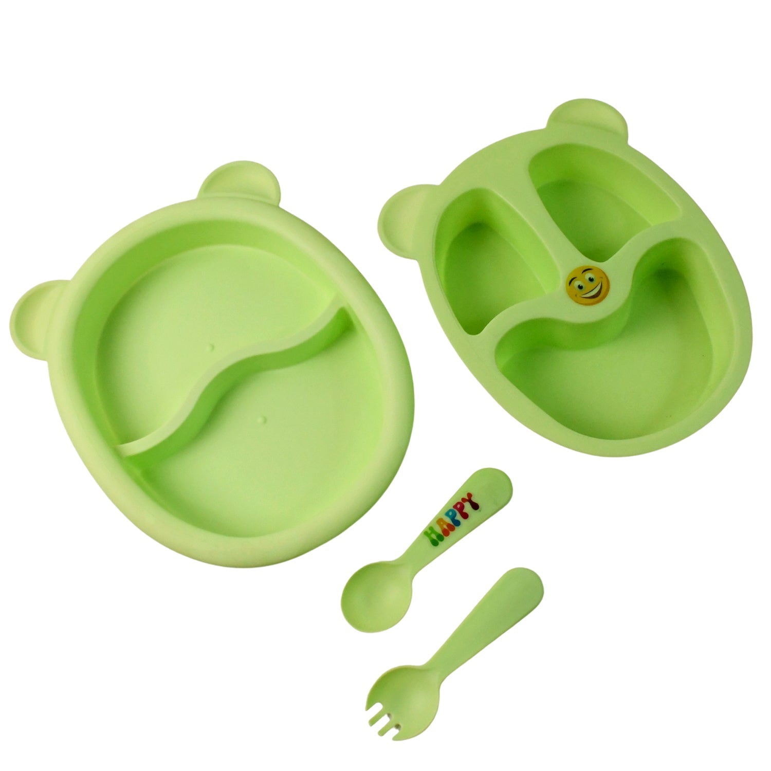 Complete baby feeding set featuring BPA-free plastic sectioned plates and spoons