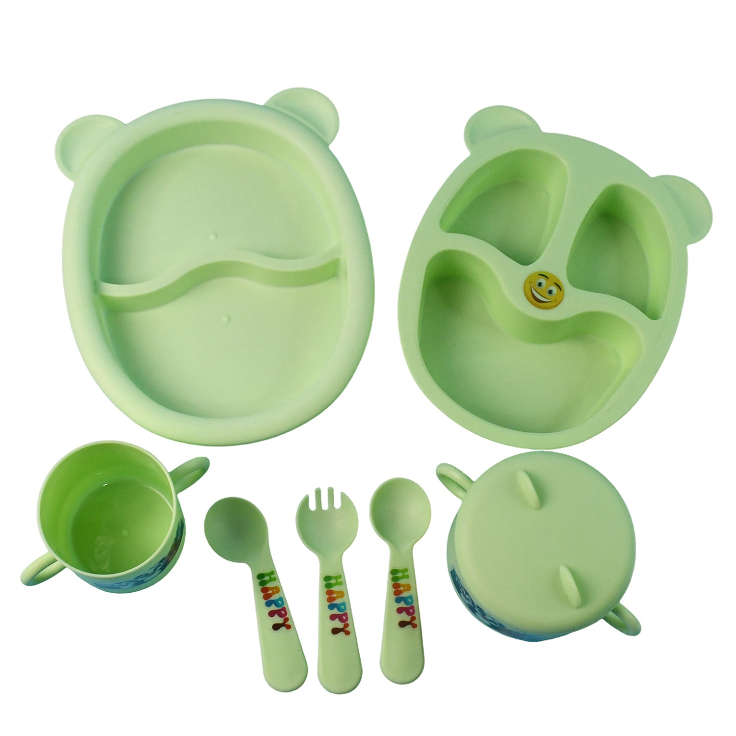 Complete kids mealtime essentials set in bright yellow color with cartoon prints