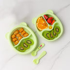Cute cartoon kids feeding set with bright yellow plates and feeding spoons