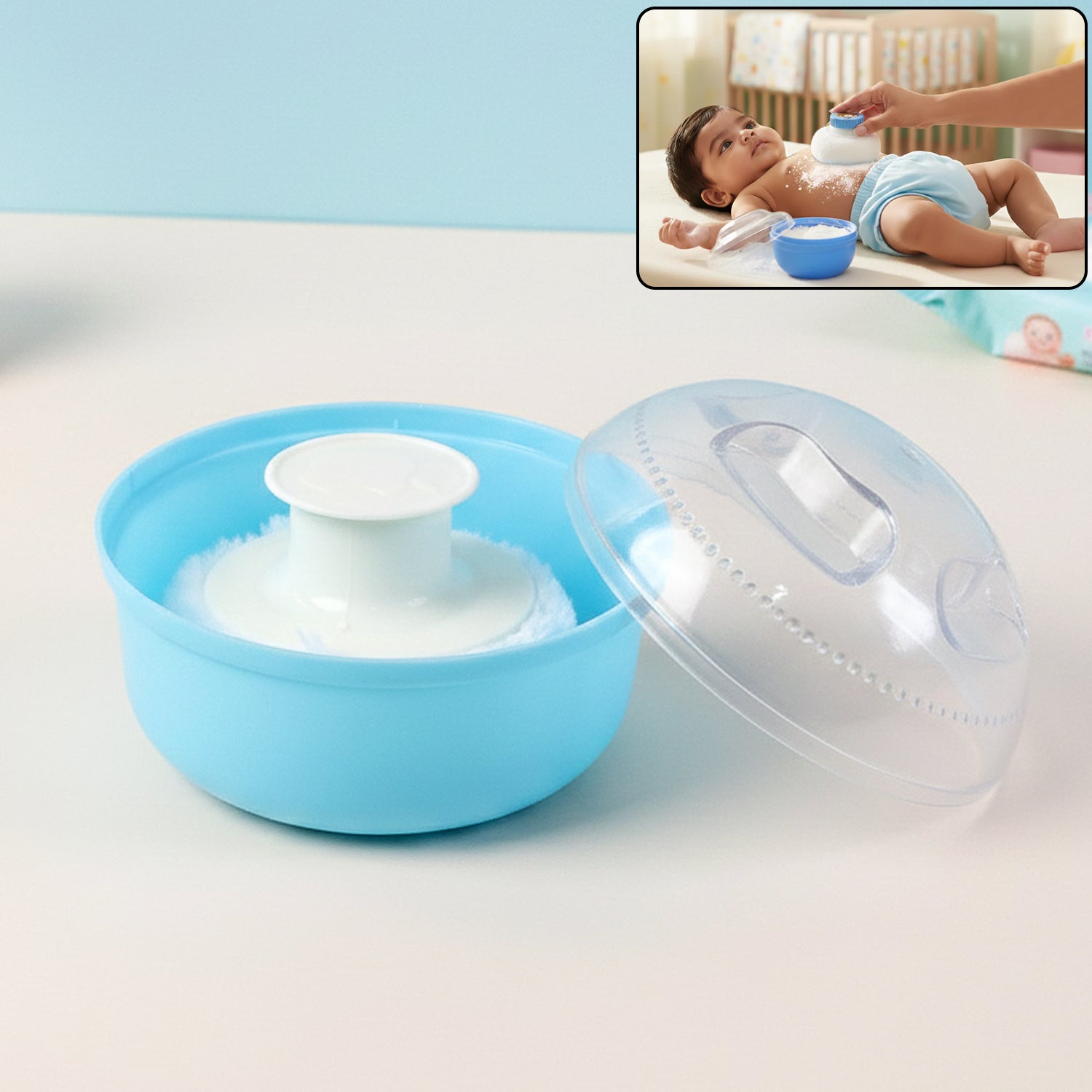 Baby powder container with soft applicator puff for gentle use