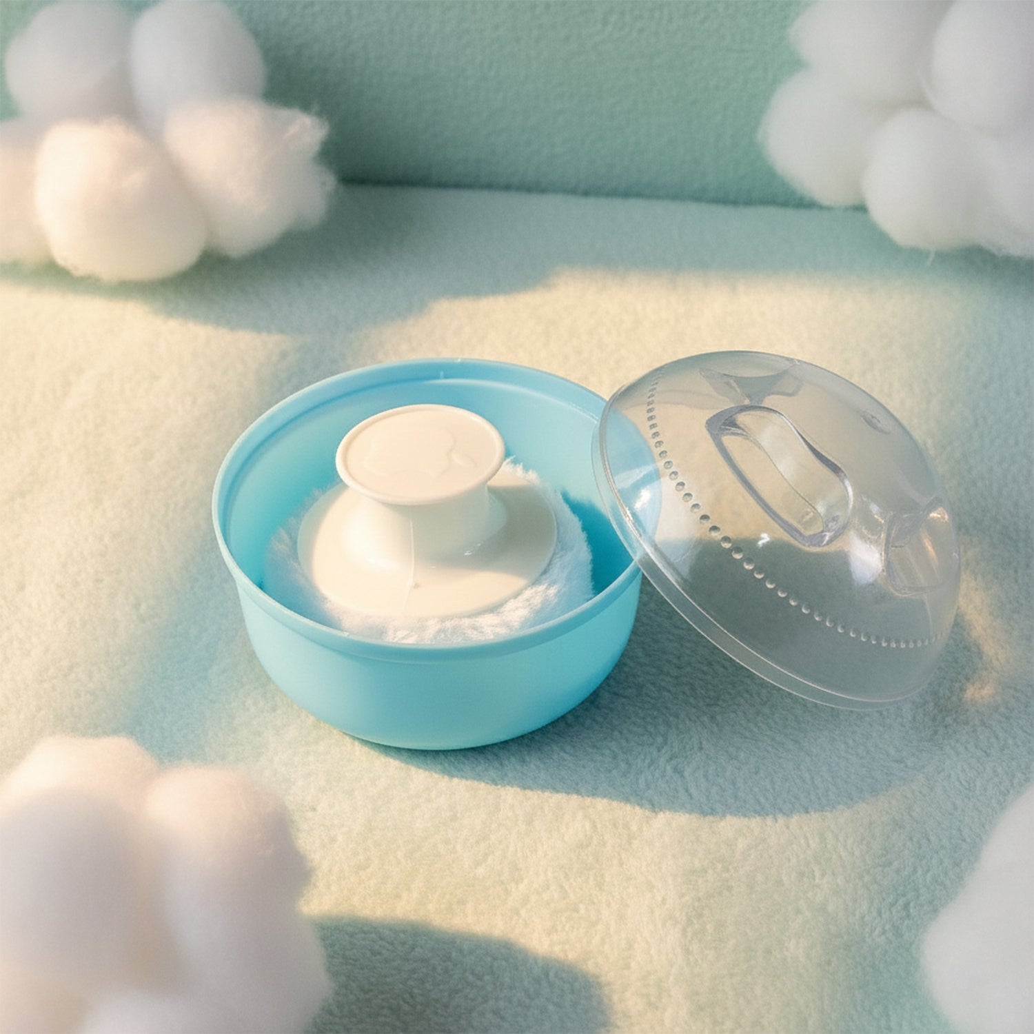 Soft baby powder puff applicator inside storage box